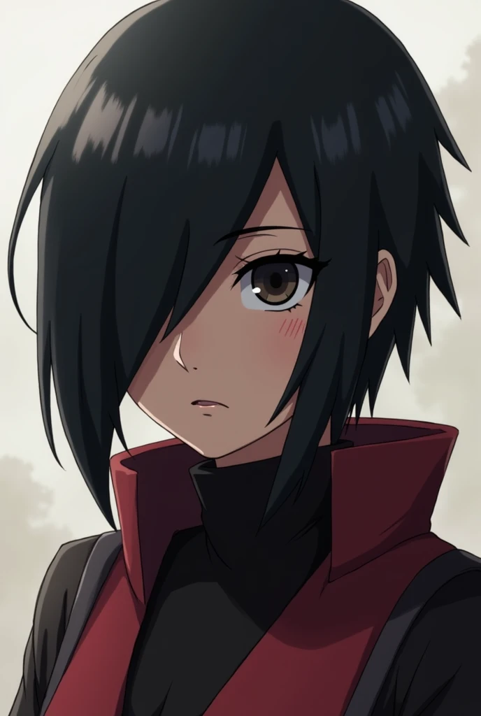 Naruto Character,  briefly resembling Sasuke .  a woman with a striking and dangerous presence ,  with short black hair that falls under her face , Hiding, mainly,  The left eye . Her right eye ,  and the only visible one is black as ebony and dull , but d...