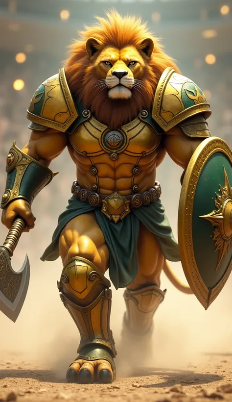 The humanoid lion of Mirassol, with his massive and muscular body, charges through the arena, stomping with heavy steps that kick up dust from the ground. His yellow and green armor shines brightly, and the golden details reflect the light around him. He w...