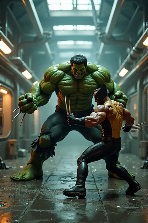 hulk, wolverine, fighting in a laboratory, extremely detailed, 4k, 8k, highres, masterpiece:1.2, ultra-detailed, realistic, photorealistic, photo-realistic:1.37, HDR, UHD, studio lighting, ultra-fine painting, sharp focus, physically-based rendering, extre...