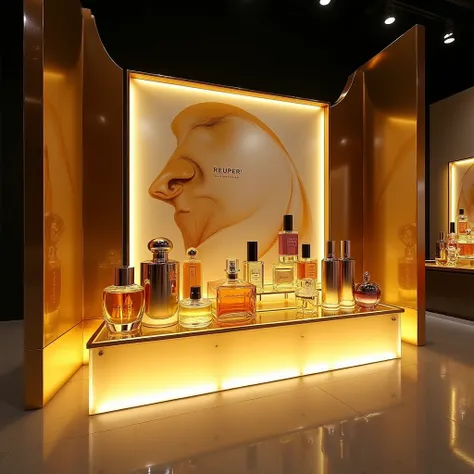 Perfume cosmetic display luxury material acylic gold color
With banner picture grapic on couter