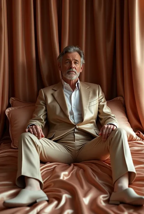 Middle-aged man wearing narrow satin suit opens wide legs sitting on satin pillow on satin bunk