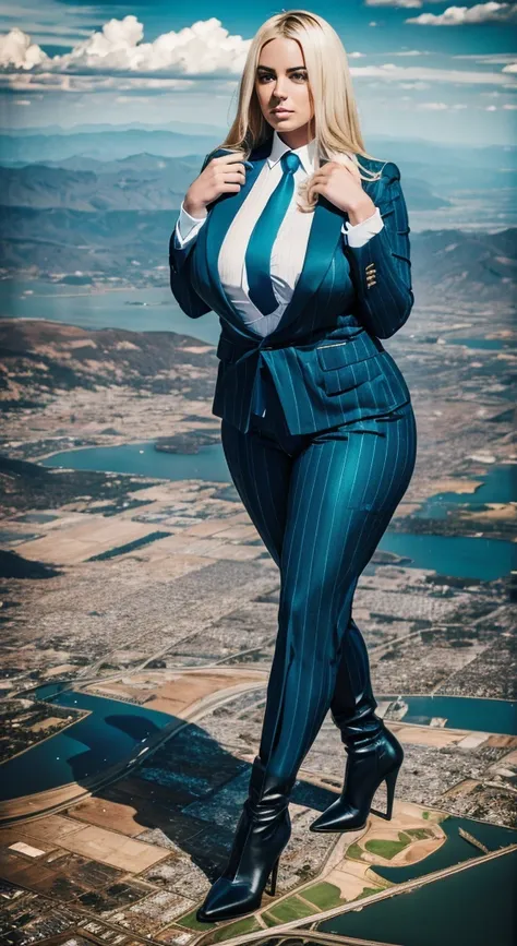 billie eilish a sophisticated and stylish wowan in a teal pinstriped trouser suit, white shirt, and a large wide blue necktie with a really large windsor knot, with a beautiful, curvaceous figure, massive breasts, and blonde long wavey hair, with a curvace...