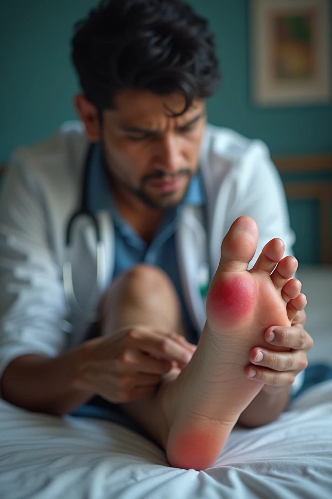 Picture of right feet with bed as background of a male indian with fair skin amd 6 feet height and having swelling in right feet because of 3rd metatarsal fracture