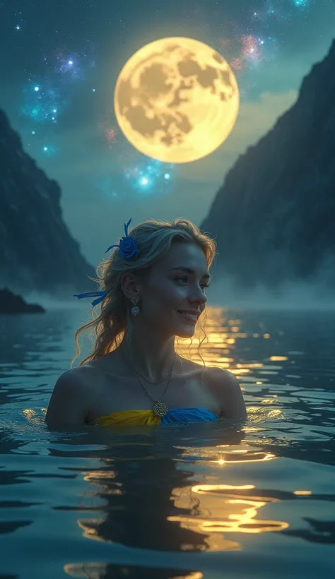 In a very beautiful night a very The coat of arms of Ukraine shimmers as a constellation in the starry sky, Ukrainian soldier with blue and yellow ribbons over her chests woman is swimming at supermoon in a  blue and golden shimmering sea, nude, she is smi...