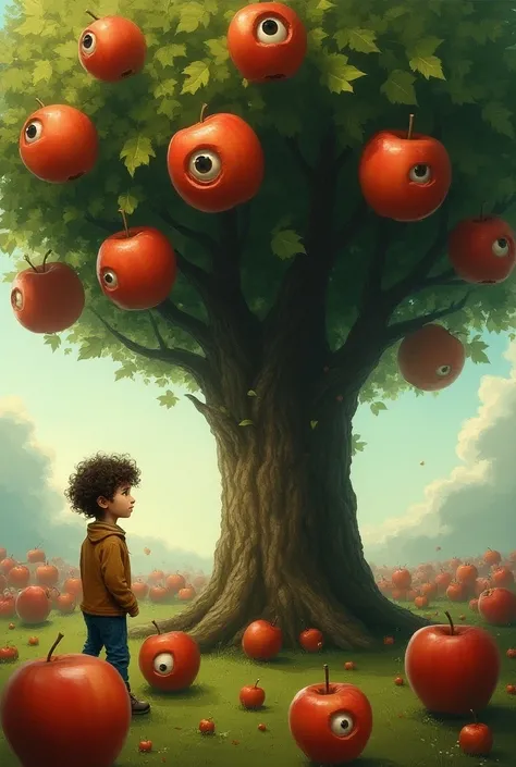 A big apple tree but apple having eyes which are starting at a boy with curly hair and surrounding is full of people with the head of a apple with eyes 