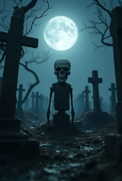 An exu skull in a cemetery with souls all around on a beautiful night with a full moon among dry trees there reigning inside the tombs of the cemetery