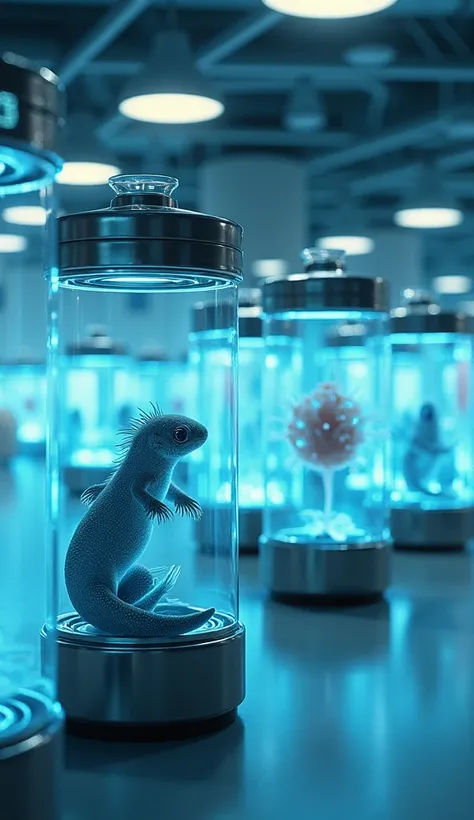 A futuristic laboratory filled with rows of cylindrical clear glass containers, illuminated by a soft blue glow. Each container has a metal base and contains different animals in a suspended state. In the foreground, an axolotl sits calmly in one of the co...