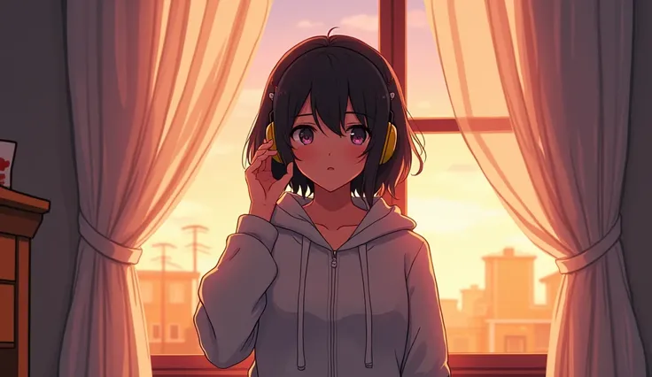 Perfect image、8k、early morning、bright、high school girl、Big Breasts、Mature、Using headphones、Wearing a hoodie、Open the curtains、 2D-style animation, Lo-Fi、Retro、Anime style illustrations
