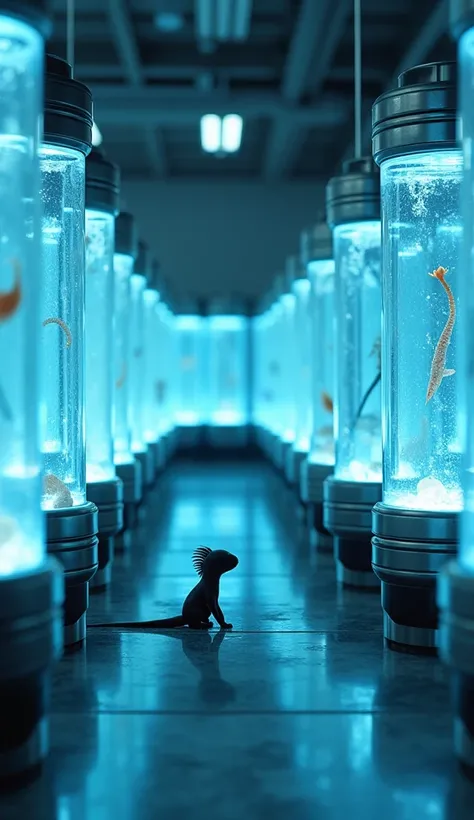 A futuristic laboratory filled with rows of cylindrical clear glass containers, illuminated by a soft blue glow. Each container has a metal base and contains different animals in a suspended state. In the foreground, an axolotl sits calmly in one of the co...