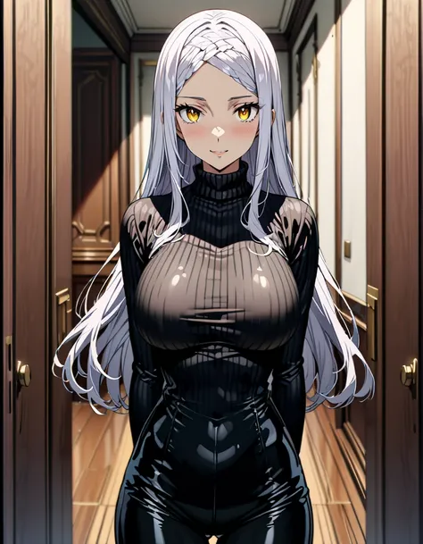 somas2,1girl,solo,yellow eyes,white hair,long hair,braided bangs,ribbed sweater,shiny black pants,smile,indoors room,(large breasts:1.55),(shiny hair),((solo)),((masterpiece)),((best quality)),perfect anatomy,slim waist,perfect image,8k UHD,(beautiful deta...