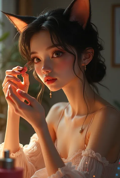 beautiful cat girl doing makeup 