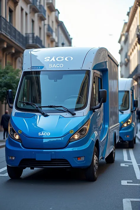 Habillage de voitures de livraison pour sociétés saco avec installation de produit couleur bleu et blanc avec un aspect de technologie 