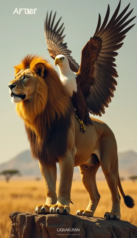 Lion: Majestic, golden mane, standing tall in a savanna. Eagle: Sharp eyes, perched on a cliff, wings outstretched. After: Hybrid: A fierce creature with the body of a lion and wings of an eagle, with a sharp beak and glowing golden eyes soaring over the s...