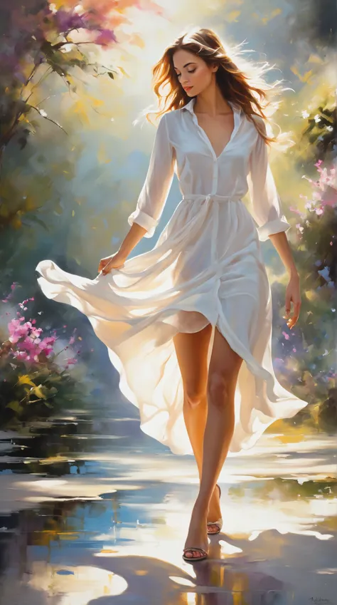 
Create a realistic oil painting of a pretty fascinating girl walking, captured in a moment of graceful motion. Set against a soft white background, use rich, vibrant colors to bring her to life. Focus on the play of light and shadow on her figure, highlig...