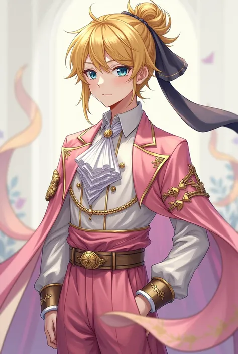 A quiet anime young man with sharp blue and green eyes represents golden yellow hair linked to a black ribbon  , He has fair skin and wears all the beautiful and luxurious pink fantasy clothes, such as the clothes of the nobles, who are short pink and whit...