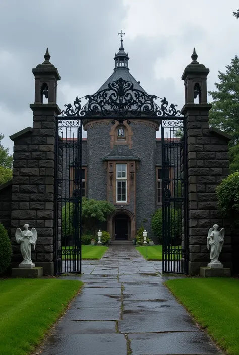   huge iron gates of the academy .  a dark stone construction with towers that seemed to touch the clouds,  surrounded by manicured gardens contrasting with the gray of the rain .with statues of angels 