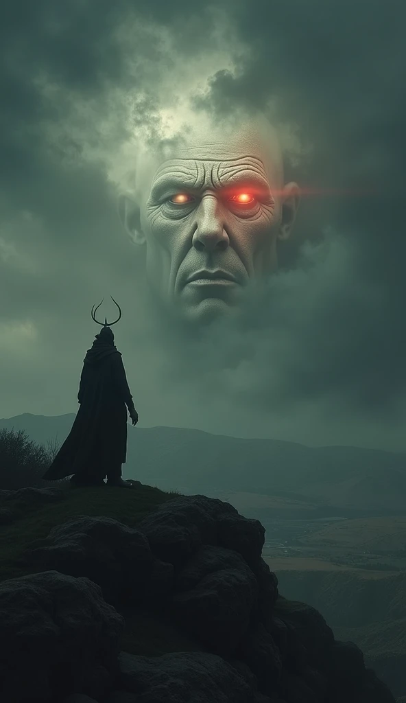 "An eerie image of Satan standing on a distant hilltop, watching over Israel with a face filled with hatred and contempt. The landscape is dark, and ominous clouds swirl above the land, emphasizing the evil presence looming over Israel."