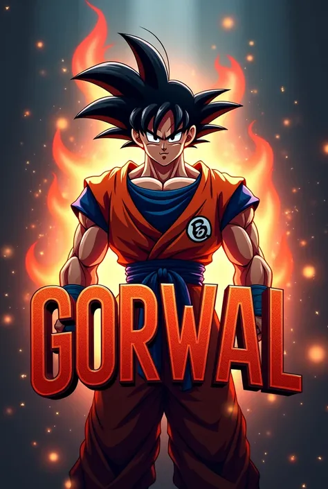 Create a logo for the profile picture with the Goku standing behind it. Logo name Gorwal  background rad  particles