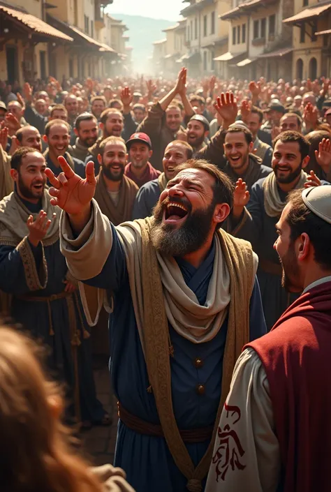  Many people are gathered in wonder at their cheerful faces ,  they are Jewish people they are in a Jewish village everyone has a joyful face, Their clothes are Jewish they are wearing robes and cloaks