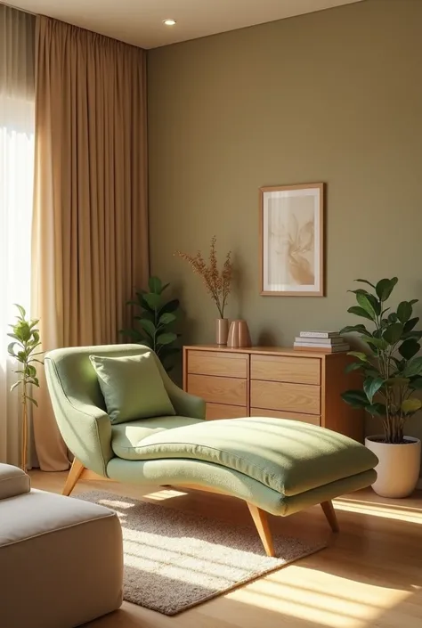 Physiotherapy office waiting room warm and welcoming decoration in beige tones, vert chaise et bois
