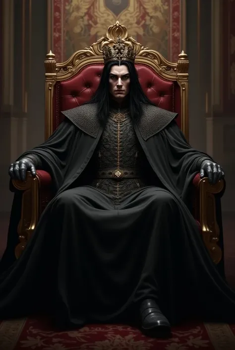 of a king, Severe, serious, black haired, on her throne