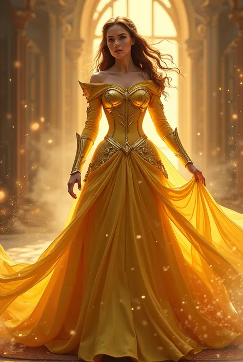 Generate an image of Princess Belle transforming her gown into a warrior type. But please remain the colors from her original gown. Make it creative.