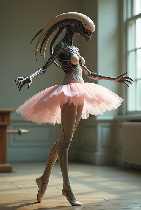 Fait moi une image avec un xenomorph en tutu rose sentrainant a ma danse classique sur une barre