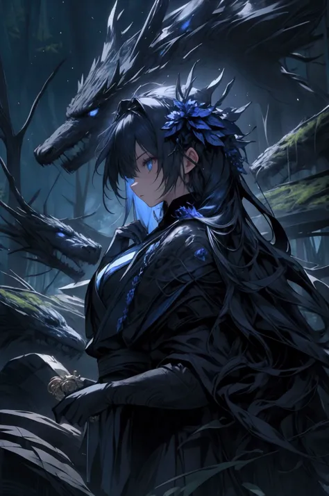 (masterpiece), ( Top Quality ), ( ultra high definition), ominous, dark blue leaves,  dark forest ,People dont exist,