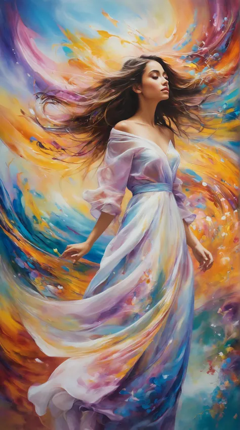 
Create a dreamy, magical realism oil painting of a girl, depicted in full body as she wanders through an abstract, colorful background. Use bright, vivid colors to craft a surreal atmosphere, blending the hues in a way that evokes wonder and fascination. ...