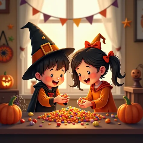 a boy and a girl gathering their candies on the desk