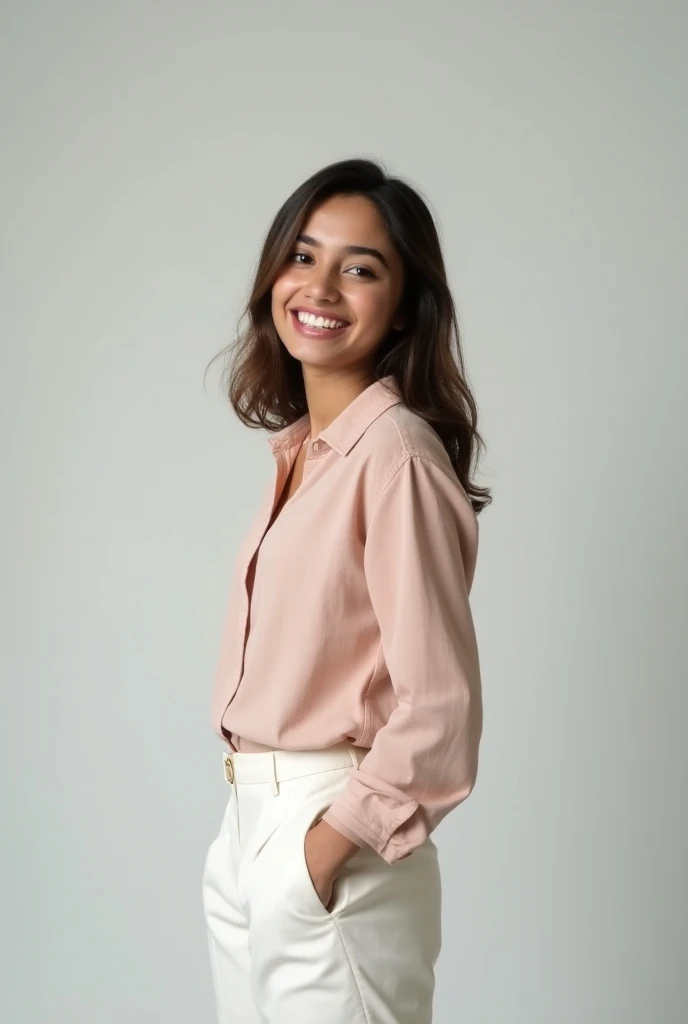 a  pakistani girl laughing pose for a fashion photoshoot with white and slight grey background