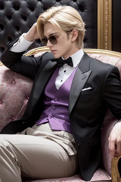 A stylized anime character with blond hair styled in layers, wearing sunglasses pushed up on their head. The character is dressed in a black formal suit with a white shirt underneath and a purple vest. They sit casually on a vintage tufted sofa with an ele...