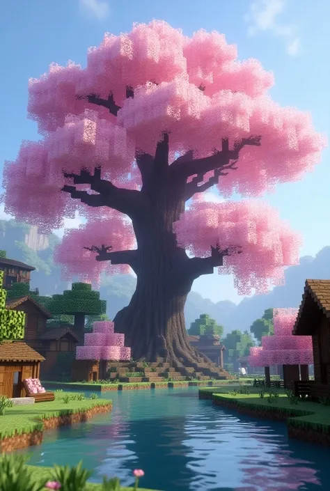 A large cherry blossom tree in front of a village with a small pond in minecraft