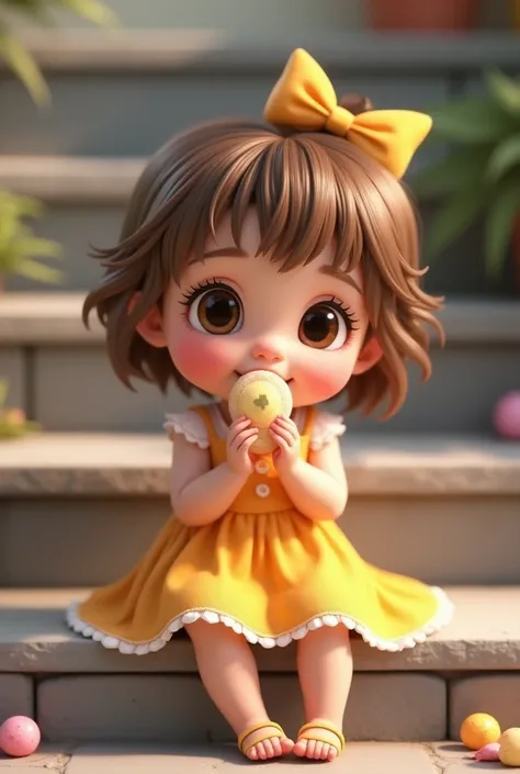 A cute baby in a yellow dress,  light brown hair,  Very Short Hair , brown eyes,  long lashes, bow on the head, Sitting on the stone steps ,  eating candy with warm gestures , 3d animated, Sophisticated design, 8k,  photorealistic ,  intricate details ,  s...