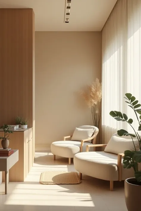 Physiotherapy practice, medical sports, waiting room, waiting room, warm and welcoming decoration in beige tones, vert chaise et bois