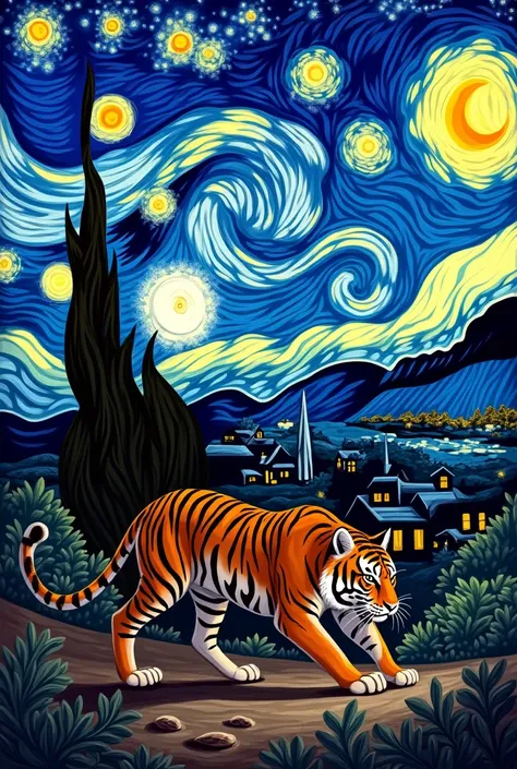 Do The Starry Night by Vicent Van Gogh but add other elements to it, whether its an exotic animal or something else, and use similar colors with similar colors red, Oranges and yellows,