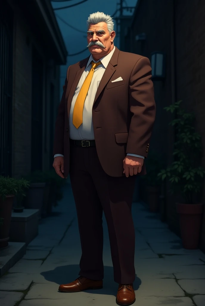 A tall, elderly Hispanic man with a grey pompadour hairstyle, a thick grey mustache, stern facial expression, tan colored skin, wears a brownish-maroon colored suit with a white undershirt and a yellow tie and yellow dress shoes, in an alleyway, anime art ...