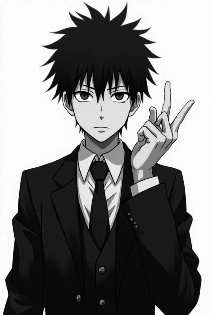 Character with pointed black hair dressed all in black In animated version as in the anime Jujutsu Kaisen Draw it a bit like a pencil Add a sign to him with your fingers, his skin is gray or the image is black and white Pretend hes holding something in his...