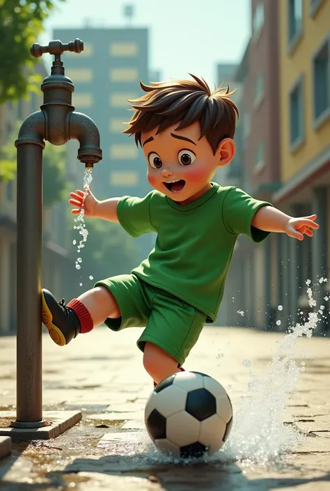 Boy dressed in green kicks a ball that breaks a water tap