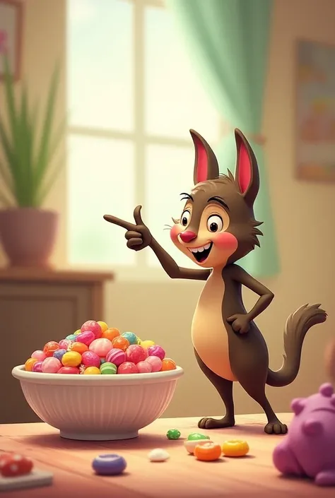  creating a picture like in the cartoon ,  where the  is standing pointing to candy/sweets in a bowl on the table 