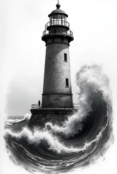 a detailed black and gray tattoo design of an old school lighthouse, waves on the side, highly detailed, intricate linework, chiaroscuro lighting, bold shadows, moody atmosphere, dramatic contrast, gritty textures, vintage aesthetic, masterpiece, photo-rea...