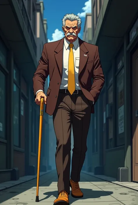 A tall, fit, elderly Hispanic man with a grey pompadour hairstyle, a thick grey mustache, stern facial expression, tan colored skin, wears a brownish-maroon colored suit with a white undershirt and a yellow tie and yellow dress shoes, walks with a yellow c...