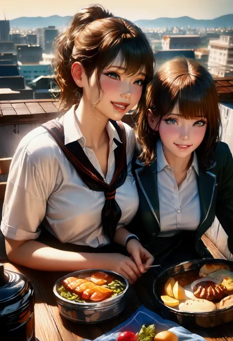 a beautiful detailed portrait of two happy high school students in school uniform, one blushing and one joyful, sitting on the rooftop of their high school, sharing a picnic lunch, summer cityscape in the background, warm lighting, vibrant colors, photorea...