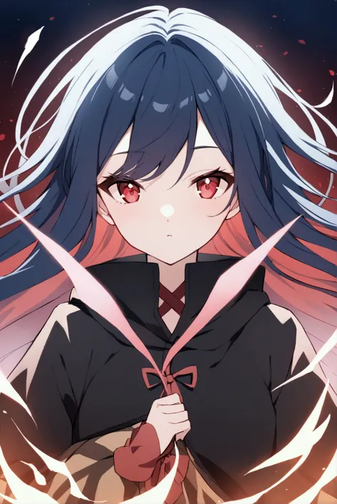 Create an anime girl with the style of demon slayer anime, this girl has dar blue long hair and red eyes