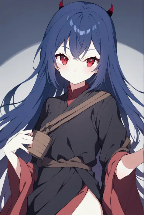 Create an anime girl with the style of demon slayer anime, this girl has dar blue long hair and red eyes