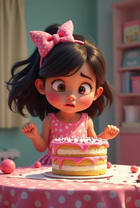 As soon as no one was looking, Zara tiptoed up to the cake and quickly took a big piece. Just then—AHHHH! A loud scream echoed through the room. Everyone rushed to the table, and they saw the huge piece of cake was gone!polka dot pink and white dress