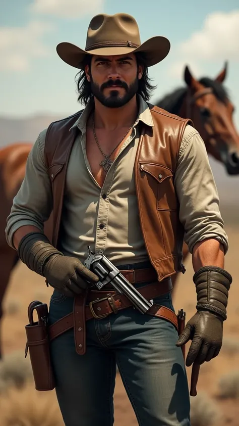 Medium hair with hat, diamond shape face , L shape beard with moustache, fit body type, gloves in hand holding revolver with cowboy horse in background. Looking just like me.