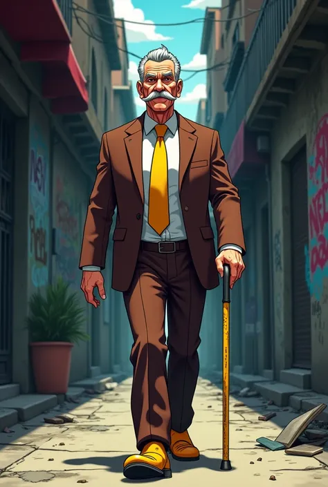 A tall, fit, elderly Hispanic man with a grey pompadour hairstyle, a thick grey mustache, stern facial expression, tan colored skin, wears a brownish-maroon colored button up suit with a white undershirt and a yellow tie and yellow dress shoes, walks with ...