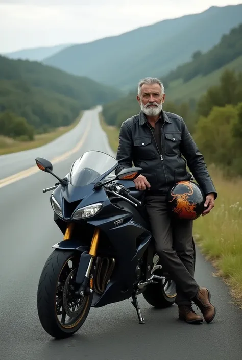 create a photo,  High resolution, of an elderly rider with short hair and gray beard , short, well-trimmed beard,  holding a helmet on the side of the highway leaning on a super sports bike, background uma rodovia.