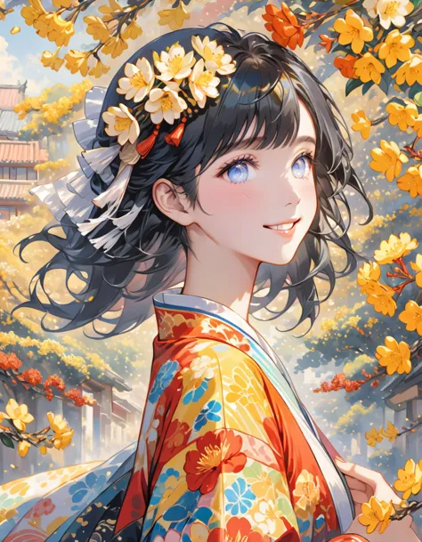 masterpiece,sunny street , surrounded by osmanthus flowers,a cheerful expression,rainbow eyes, long black hair